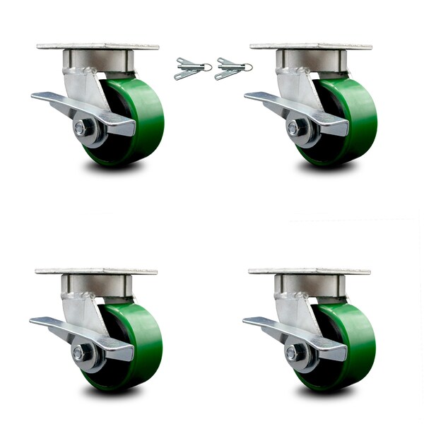 Service Caster 4 Inch Kingpinless Green Poly on Steel Wheel Caster Brakes 2 Swivel Locks, 4PK SCC-KP30S420-PUR-GB-SLB-BSL-2-SLB-2 - main